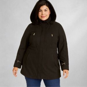 Maggie Barnes Womens Plus Size Black Hooded Coat 2X 22/24 Faux Fur Trim Winter